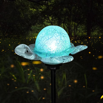 Afirst Decorative Solar Lights Outdoor Solar Turtle Stake Lights Hand Blown Glass Decorative Garden Pathway Light Outdoor Waterproof Glass Stakes Green