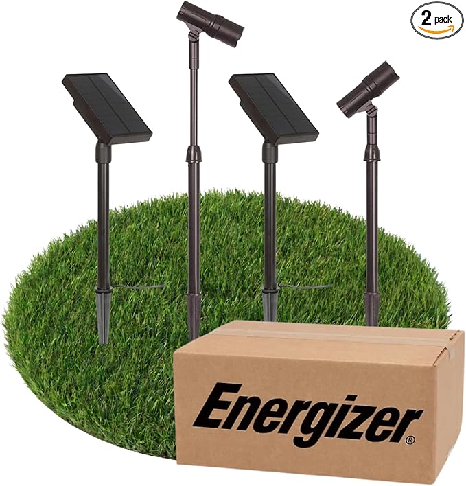 Energizer Solar-Powered Garden Lights - 2 Pack Oil Rubbed Bronze LED Spotlight with Smart Focus & 100 Lumen Output, Waterproof & Easy to Install Solar Landscaping Lights for Lawn & Patio Decorations