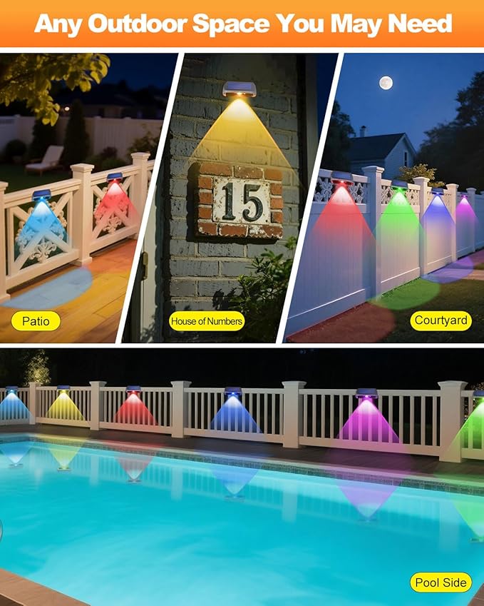 EGOBOO Solar Fence Lights Outdoor Waterproof 12 Pack, 7 Fixed Colors＆RGB Cycling Mode for Holiday Decor, Outside | Lumora