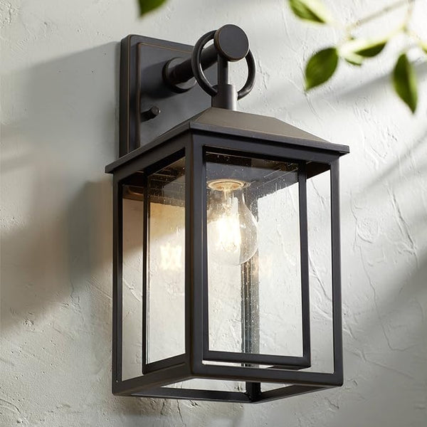 John Timberland Califa Mission Modern Outdoor Wall Light Fixture Brown Bronze Metal 15 1/4" Textured Clear Glass | Lumora