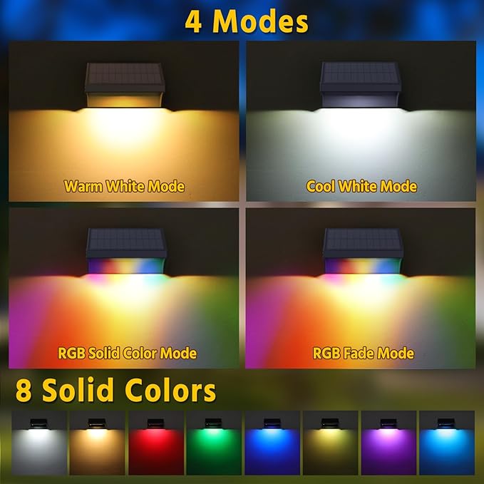 NIORSUN Outdoor Fence Lights, 6 Pack Waterproof LED Solar Fence Lights with 1500mAh Battery, Warm White/Cool White/RGB, Easy-to-Install Wall Light for Deck, Patio, Railing, Stairs, Backyard – Black
