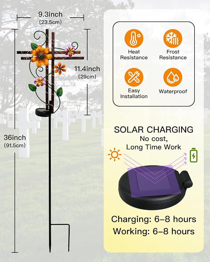 Putuo Decor Cross Outdoor Solar Garden Lights Decorative Metal Cross Garden Stake Light with LED Lights Waterproof for Yard Garden Pathway Remembrance Gifts, L087SN-0004383