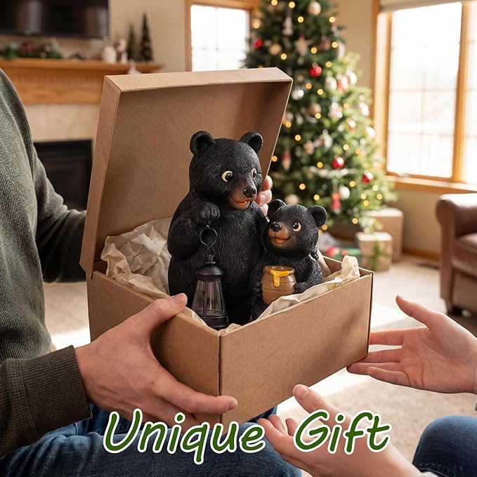 Lavezee Garden Bear Statues, Mother and Baby Bear Figurines with Solar Lantern for Outdoor Porch Yard Lawn, Unique Bear Gifts for Mom Grandma Wowen