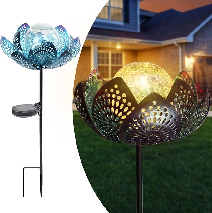 Afirst Solar Lights Outdoor, Garden Lotus Stake Lights Waterproof Decorative Pathway Light Metal Crackle Glass Solar Light Landscape for Garden,Patio,Lawn,Walkway,Tabletop,Pathway,Yard Decor, Blue