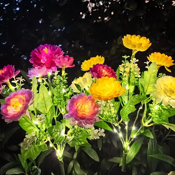 Solar Flowers Lights, 2 Pack Solar-Powered Outdoor Light with 14 Blooming Flowers, Waterproof Lights for Outside Yard, Garden, Pathway, Walkway, Patio, Lawn, Cemetery, Grave Decor