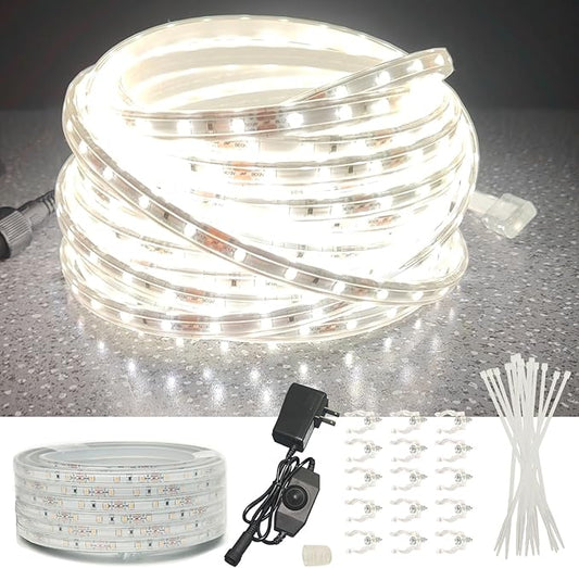 33ft Outdoor LED Strip Lights Waterproof, 600 LEDs 12V Rope Lights, White Flat and Flexible Rope Lighting for Outside, Dimmable Light Strip Indoor for Bedroom, Not Tube Light