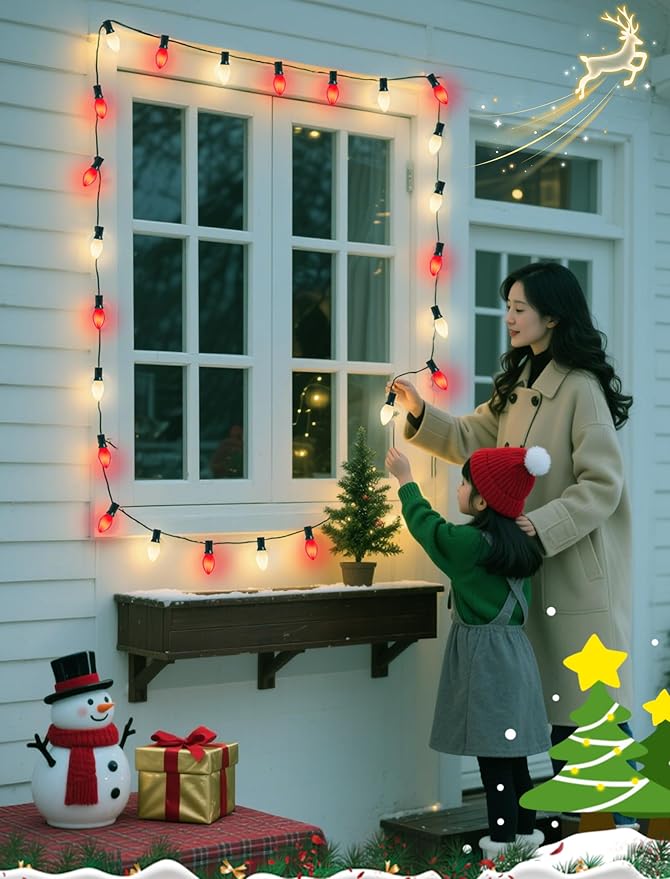 25Ft Multicolor Chritsmas Lights Outdoor, C7 Vintage String Lights with 27 Red White Ceramic Incandescent Bulbs, Hanging Patio Lights for Porch Roofline Christmas Tree Garden Pathway Indoor Decor