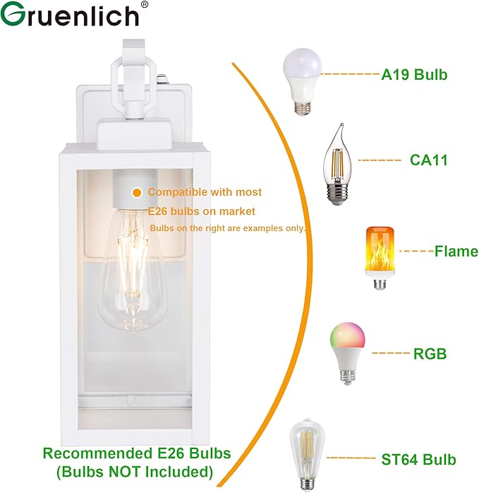 GRUENLICH Dusk to Dawn Outdoor Wall Lantern, Wall Sconce for Porch Lighting Fixture, E26 Base Max 60W, Metal Housing Plus Glass, White Finish, Bulb Not Included, 1-Pack
