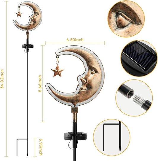 2pack Moom solar garden lights decor, Solar Moon Stars lights outdoor,gifts for Dad,Garden outside decorative,solar powered neon light for pathway,Housewarming Ornament for Yard,Lawn,Patio (Copper)