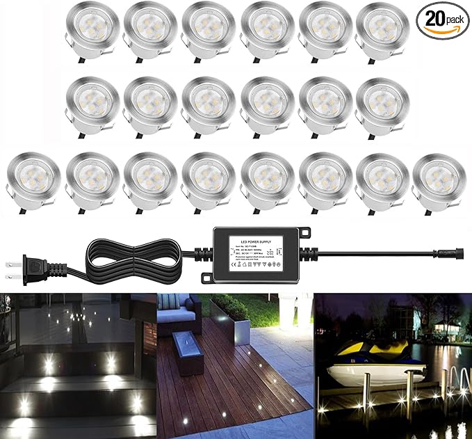 Deck Lights Outdoor Waterproof Low Voltage Lighting Kit Stainless Steel 1W Outdoor Yard Garden Decoration Lamps Landscape Pathway Patio Step Stairs Silver Border(20pcs,Cool White)
