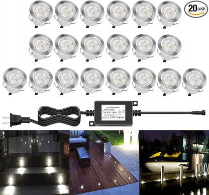 Deck Lights Outdoor Waterproof Low Voltage Lighting Kit Stainless Steel 1W Outdoor Yard Garden Decoration Lamps Landscape Pathway Patio Step Stairs Silver Border(20pcs,Cool White)