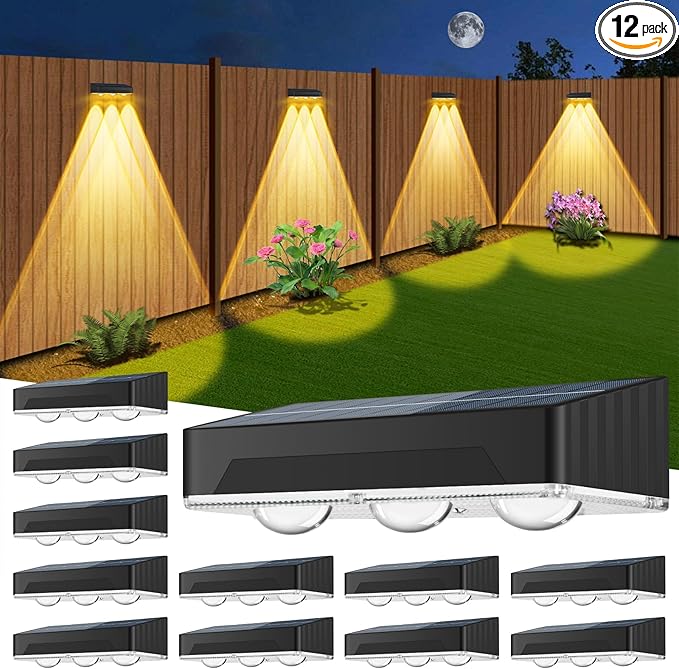 Solar Fence Lights Outdoor 12 Pack Upgraded High Brightness 3 LED Spot Lens Waterproof Deck Lights 7 Mode Warm&Cool White RGB Solar Powered Wall Lighting Decor for Outside Patio Step Backyard Railing