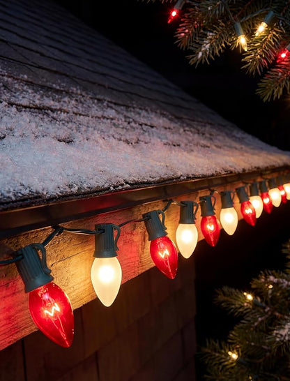 25Ft C9 Christmas Lights Outdoor, Vintage Multicolor String Lights with 26 C9 Clear Red/Frosted White Bulbs for Christmas Tree, Roofline, Garden, Patio, Cafe, Xmas Decorations