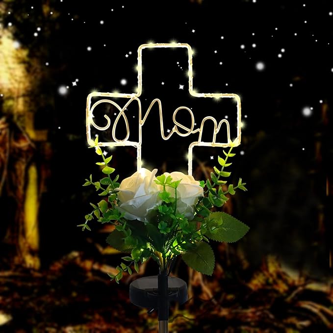 Lmtocs Grave Decorations for Cemetery Mom, Memorial Sympathy Gifts for Mom Cemetery Decorations, Waterproof Solar Cross Lights with Rose Flower for Christmas Mother Day Memorial Day Decor