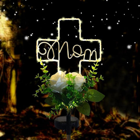 Lmtocs Grave Decorations for Cemetery Mom, Memorial Sympathy Gifts for Mom Cemetery Decorations, Waterproof Solar Cross Lights with Rose Flower for Christmas Mother Day Memorial Day Decor
