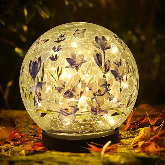 Solar Globe Lights Outdoor Waterproof, Cracked Glass Ball Orb Lights, Waterproof Globes for Garden Pathways, Patio Decor & Backyard Landscaping, Round Ornaments Orbs (Blue Flower)