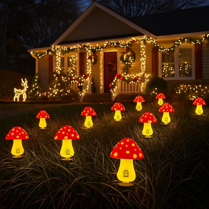 Yard/Garden Decorations, 4-Pack Yimmloome Ourdoor Warm-House Mushroom Solor LED Light for Garden Pathways, Patios, Flower Beds, or Balconies