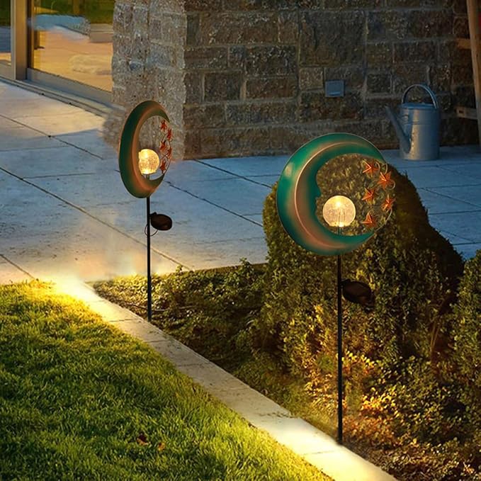 Cabilock Moon Shape Solar Garden Path Light, Waterproof Outdoor Lawn Lamp with Iron Art, Solar-Powered Courtyard Decorative Ground Stake for Yard and Park Lighting
