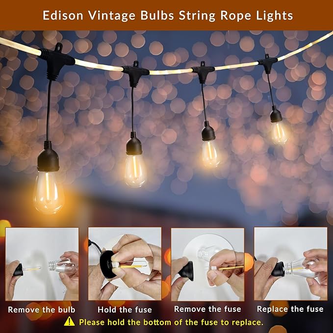 Outdoor String Lights 28.2 FT, Waterproof Dimmable LED Edison Bulbs with Remote, Rope-Style Durable Design | Lumora