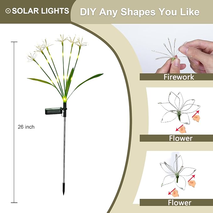 Solar Garden Lights Outdoor: Waterproof 2-Pack DIY Decorative Firework Lights with 2 Modes for Yard Patio Pathway | Lumora