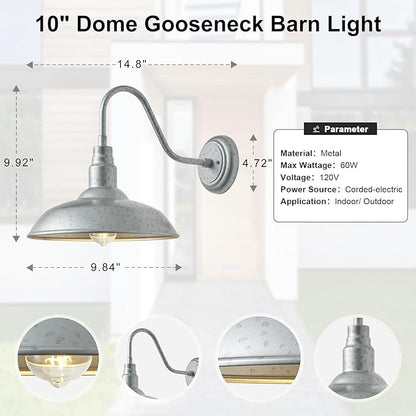 10in. Dome Outdoor Gooseneck Barn Light, 2 Pack Galvanized Steel Exterior Gooseneck Lighting Fixture with Wall Mount Farmhouse Style Outside Barn Door Wall Sconce, Waterproof, LM2201-SV-2P
