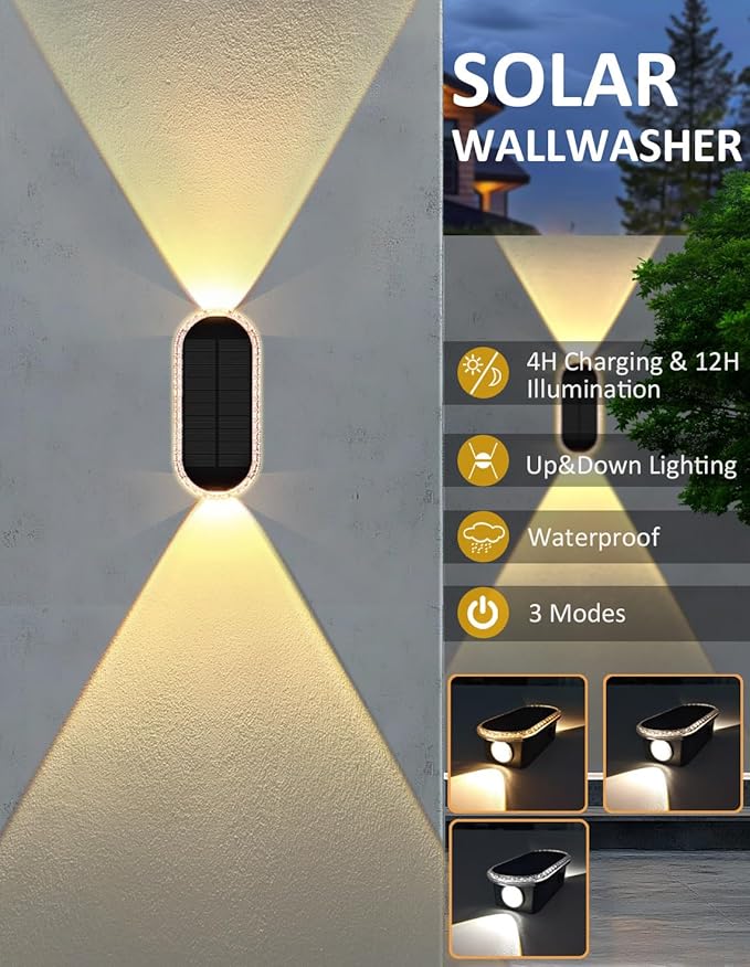 Solar Fence Lights Outdoor, 3000K/4000K/6000K 3 Modes Solar Wall Lights Outdoor Waterproof, Up&Down Dual-Head | Lumora