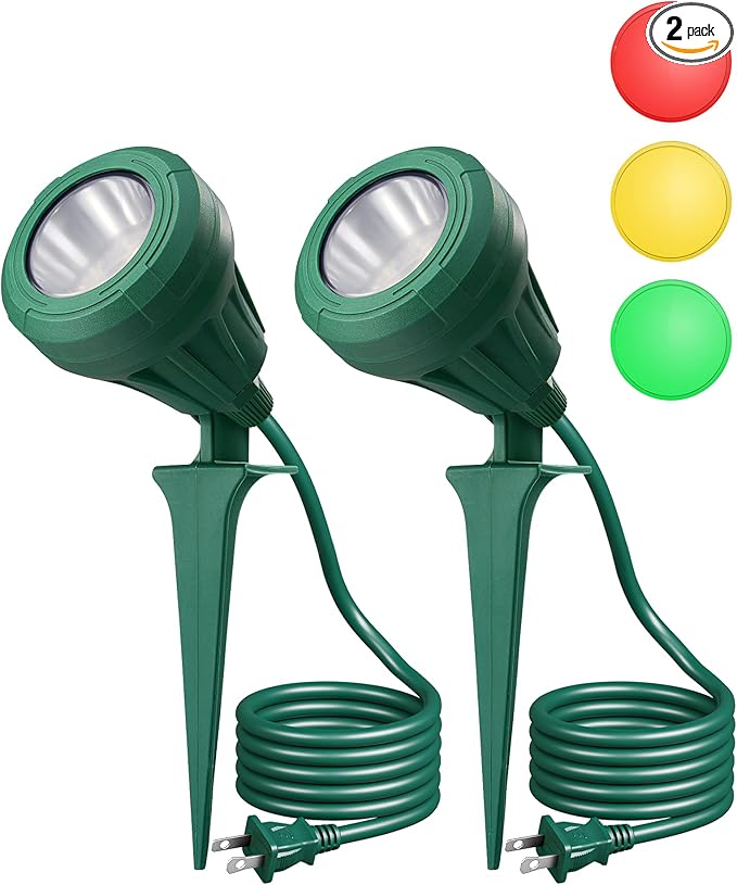 EDISHINE LED Outdoor Spotlights, 120V 5.5W Plug in Spot Light with 3 Lenses (Red Green Yellow), 180° Rotatable, 5000K, Waterproof Landscape Lighting for Flag Tree Garden, 2 Pack