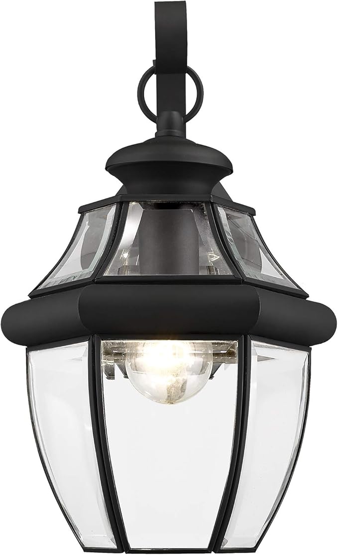 Livex Lighting 2151-04 Monterey 1 Light Outdoor Black Finish Solid Brass Wall Lantern with Clear Beveled Glass, 13" | Lumora