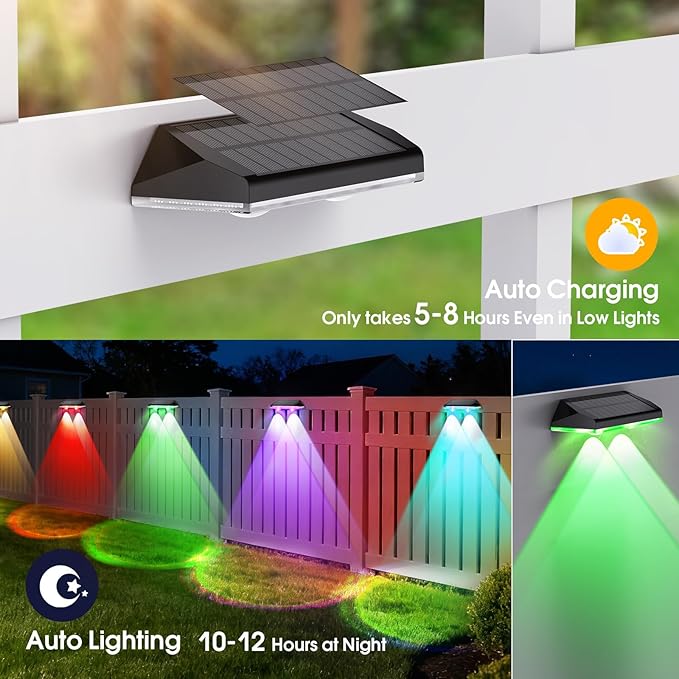 Solar Fence Lights Outdoor, 8 Modes Warm & RGB 6 Color Fence Lights Solar Powered for Outside, IP65 Waterproof, 60 | Lumora