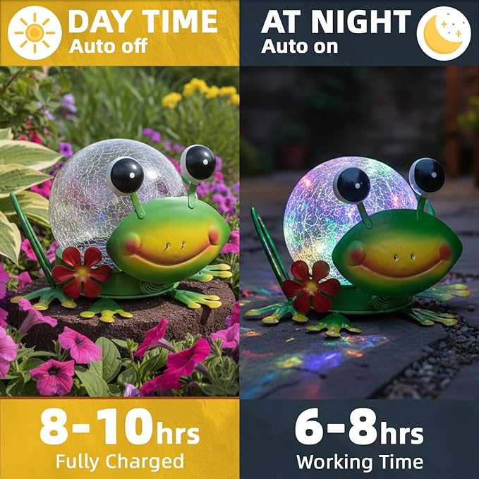 Solar Lights Outdoor Frog Garden Decor with Crackle Glass Globe Lights - Cute Metal Frog Decor for Yard Lawn Patio | Lumora
