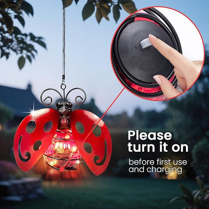 Solar Hanging Ladybug Lights LED Waterproof Powered Outdoor Garden Decor Light Unique Decorations for Sister Birthday Gardening Gifts for Mom Women Yard Path Front Porch Balcony Backyard