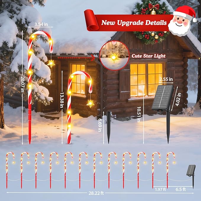 WdtPro 10-Pack Upgraded Solar Christmas Candy Cane Lights, Solar Pathway Lights Waterproof, Christmas Decorations Outdoor with 10 Modes and Bright 60 LED for Yard Garden Lawn Patio Party Decor