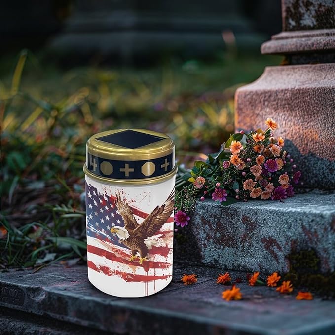 American Flag Solar Lights Outdoor for Cemetery US Flag Cemetery Solar Lights with Eagle Grave Decorations Waterproof LED Lighting