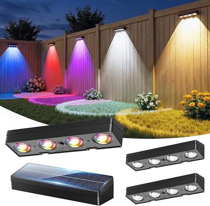 Solar Fence Lights 4 Pack, Warm White, Cool White and RGB Color Glow LED Outdoor Lighting, IP65 Waterproof Outdoor | Lumora