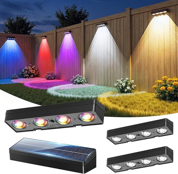 Solar Fence Lights 4 Pack, Warm White, Cool White and RGB Color Glow LED Outdoor Lighting, IP65 Waterproof Outdoor | Lumora