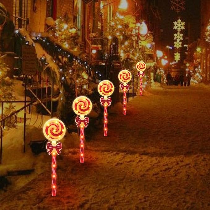 LAMPHOME Christmas Lollipop Pathway Lights，5PCS Decorations Outdoor Yard, Pathway Marker Stake Lights for Patio Ground Path Sidewalk Walkway Driveway