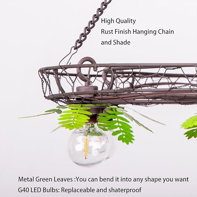 Battery Operated Outdoor Chandelier, Decorative Hanging Pendant Lights with 6pcs G40 Bulbs, Rust Finish Metal Wire Floral shade, Brightness Adjustable with Timer for Pergola Gazebo Porch Patio Decor