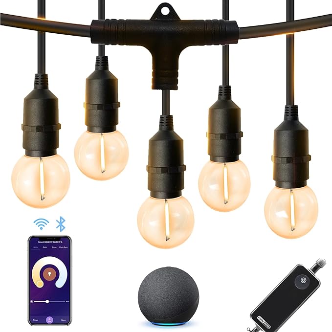 Homevenus Outdoor String Lights Waterproof G50 Smart Globe 48ft-18bulbs Dimmable Warm White App Control 2.4GHZ WiFi Alexa Google Patio Cafe Balcony Backyard Porch