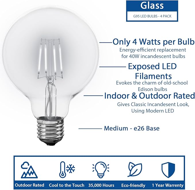 Novelty Lights 4 Pack G95 Edison Style LED Globe Light Bulb, 4 Watt (40 Watt Equivalent) - Decorative Outdoor Light | Lumora