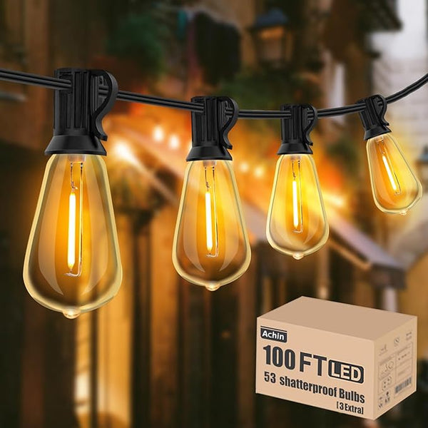 Achin 100FT Outdoor String Lights LED Dimmable Patio Lights String Waterproof with 50+3 Shatterproof Bulbs ST38 | Lumora