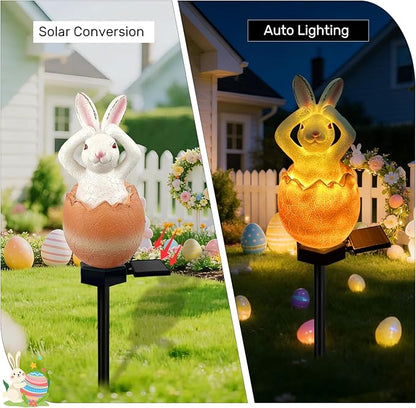 Solar Easter Egg Bunny Lights Outdoor, Waterproof Easter Solar Lights Rabbit Bunny Garden Statue Easters Yard Egg Decorations Outdoor for Outside Cemetery Grave (Orange Don't Hear)