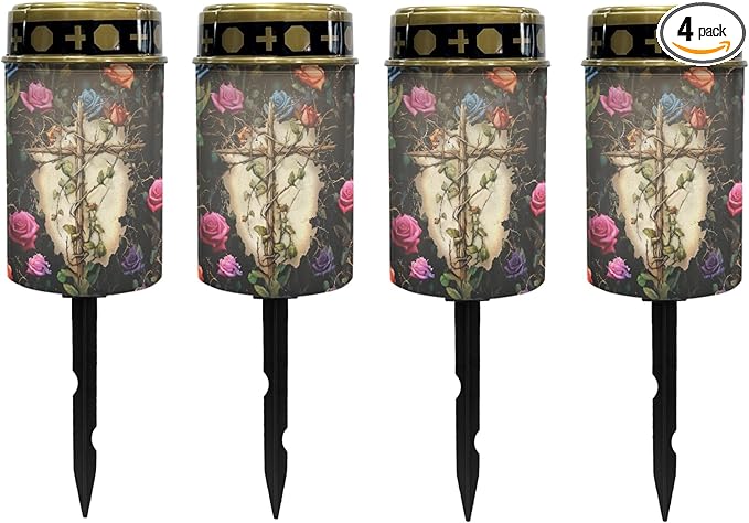 Cemetery Solar Lights for Grave,Cross-Watercolor Floral Solar Garden Stake Lights for Yard Patio Black Outdoor Solar Pathway Lights Waterproof Flameless Warm White LED Solar-Lantern