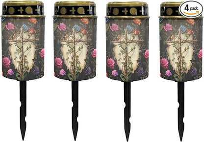 Cemetery Solar Lights for Grave,Cross-Watercolor Floral Solar Garden Stake Lights for Yard Patio Black Outdoor Solar Pathway Lights Waterproof Flameless Warm White LED Solar-Lantern