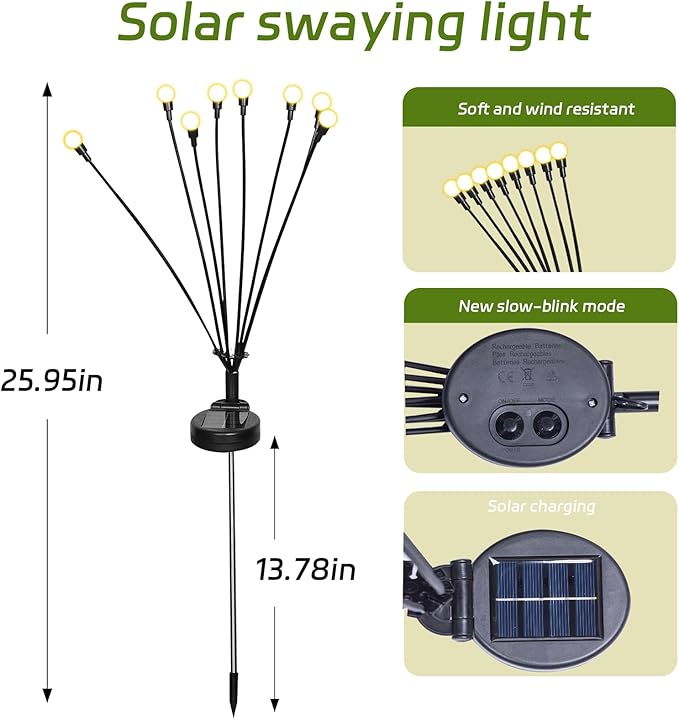 2 Packs Firefly Lights Solar Outdoor, 16 LED Warm Solar Walkway Lights Outdoor, Waterproof Garden Decor with 2 | Lumora