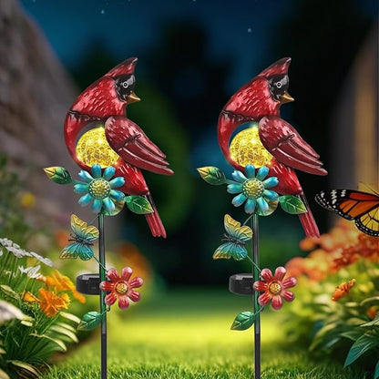 Caridnal Decor Solar Garden Stakes Outdoor Decorative Waterproof 2 Pack Metal Garden Sculpture Cardinal Solar Lights for Outside Lawn Yard Patio Cemetery Red Bird Gardening Gifts for Women