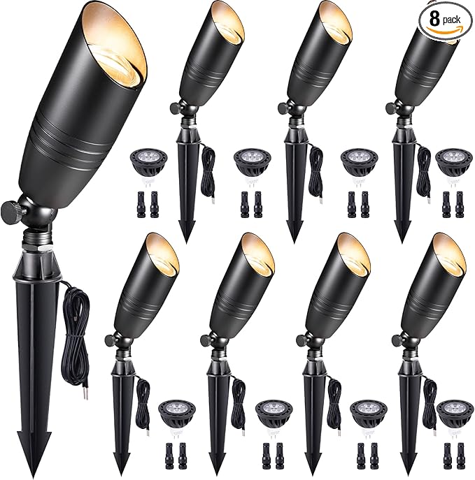 Gardenreet Spot Light Brass - Outdoor Landscape Spotlights LED, 12V Low Voltage Landscaping Uplights, Hard-Wired All Weather Black for Backyard Lawn with Cold White Changeable Bulbs (8 Pack)