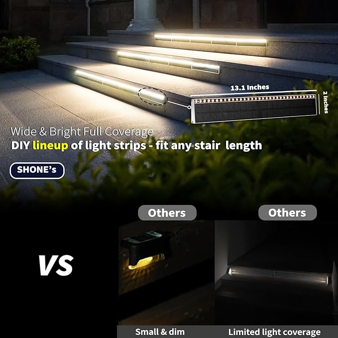 Solar Step Lights for Outside, 33 Focused-Beam High-Brightness LEDs, Waterproof Aluminum Outdoor Stair Light for Risers, Curbsides, Poolsides, Planter Edges (Warm White, 6Pack)