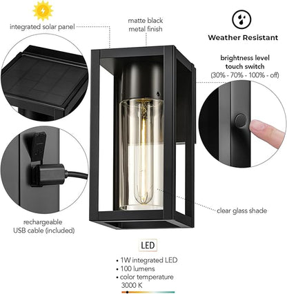 GLOBE Electric 60000167 1W LED Integrated Solar Powered Outdoor Wall Sconce, Matte Black, Integrated Solar Panel, Clear Glass Shade, 100 Lumens, 3000 Kelvin, 90 CRI