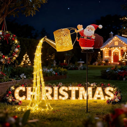 Christmas Santa Solar Kettle Lights, New Santa Claus Solar Watering Can Kettle Lights Outdoor, Metal Waterproof Garden Lantern for Yard, Patio, Lawn, Pathway Warm Light 2pcs