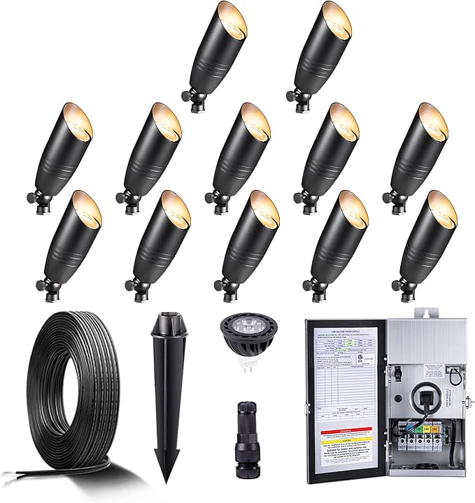 Gardenreet Black Brass Landscape Lighting Kit (12-Pack Spotlights) with 300W Low Voltage Transformer and Mechanical | Lumora